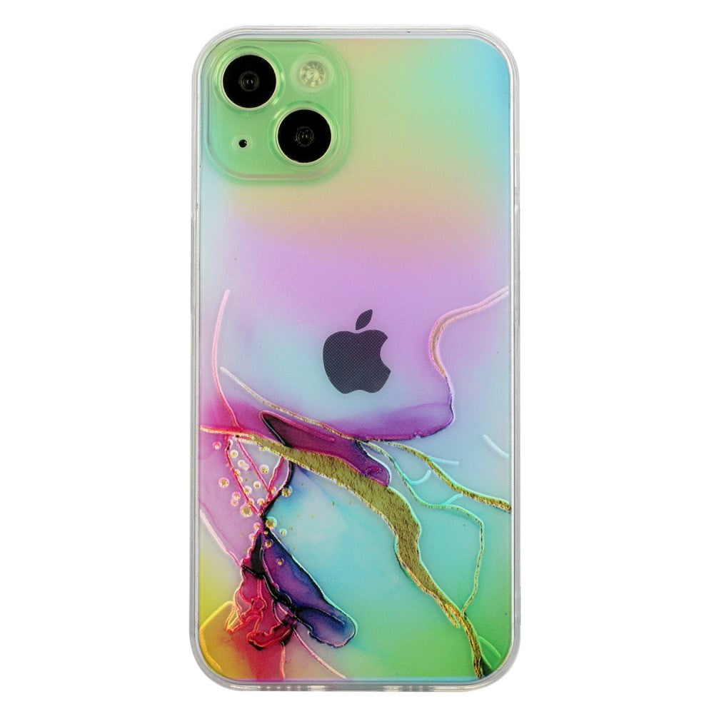 iPhone 14 Transparent Plastic Back Cover w. Colorful Marble Pattern - Blue / Pink