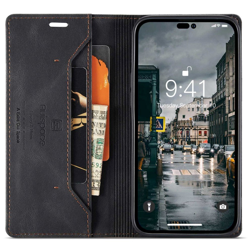 iPhone 14 Pro Max Retro PU Leather Flip Case with Wallet/Card Holder - Black