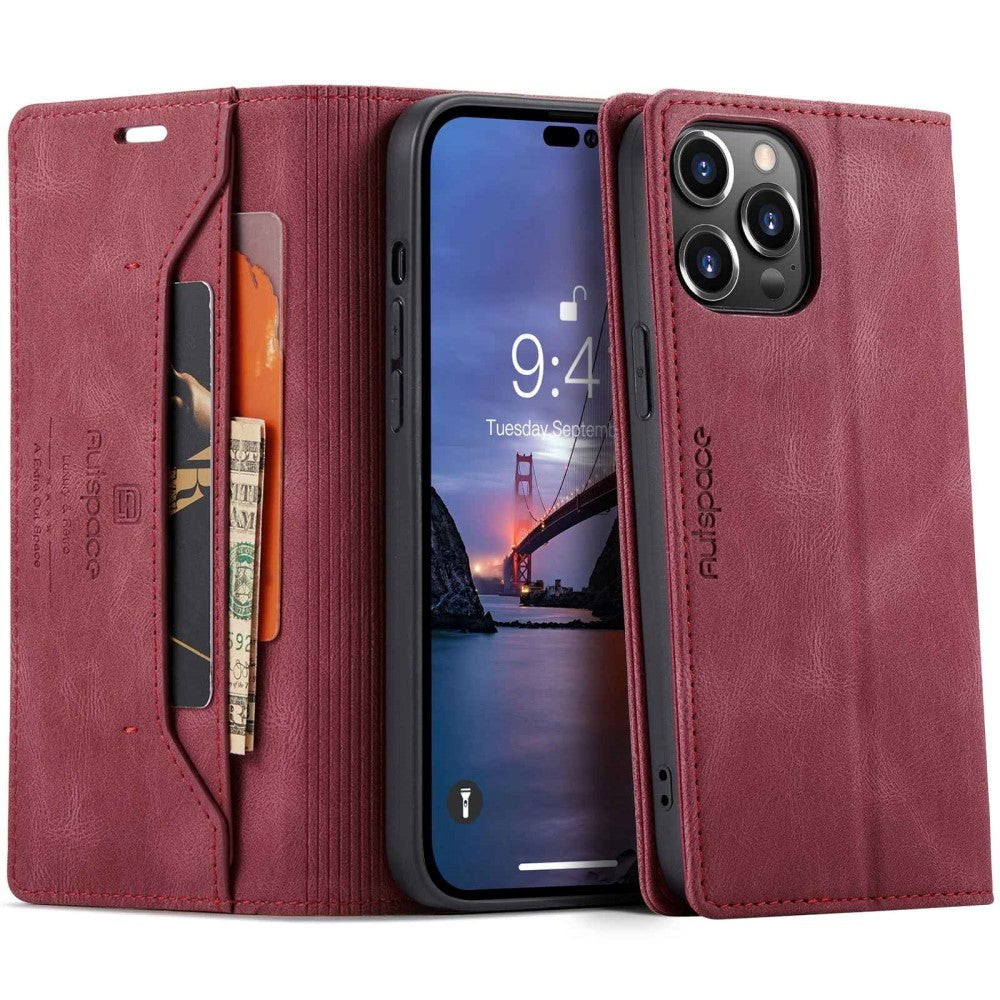 iPhone 14 Pro Max Retro PU Leather Flip Case with Wallet/Card Holder - Red