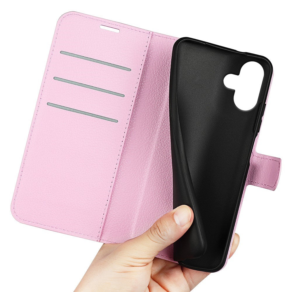 EIDERWOOD iPhone 16 Plus Litchi Leather Flip Case w. Wallet - Pink