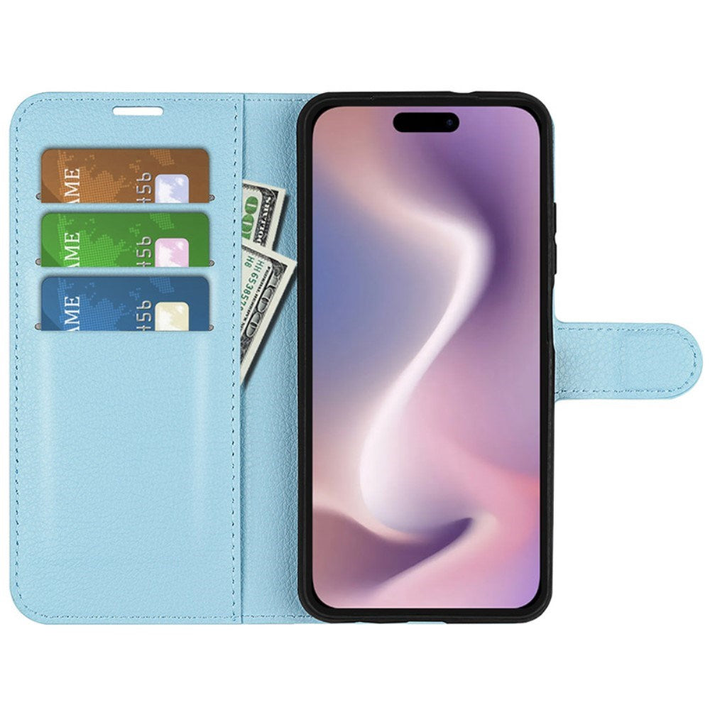 EIDERWOOD iPhone 16 Plus Litchi Leather Flip Case w. Wallet - Blue