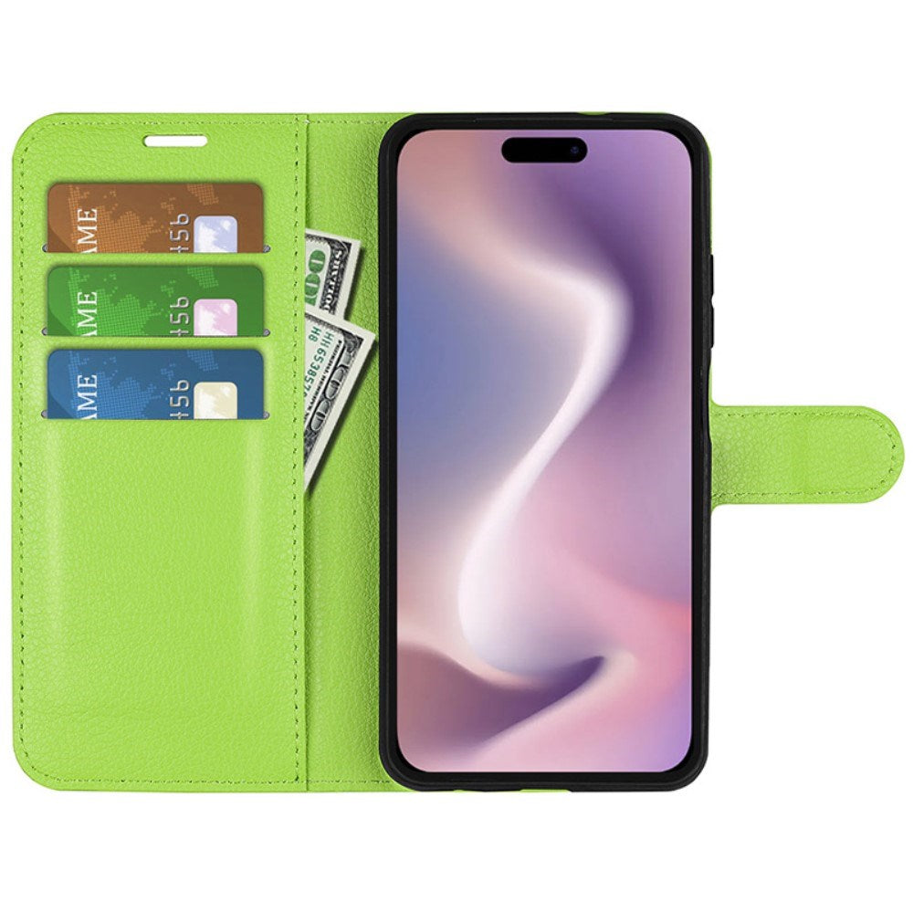 EIDERWOOD iPhone 16 Plus Litchi Leather Flip Case w. Wallet - Green