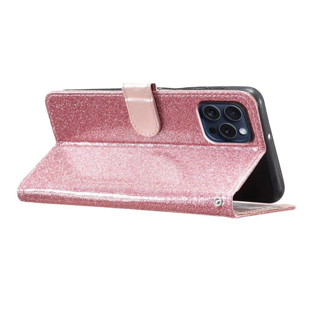 EIDERWOOD iPhone 16 Pro Leather Flip Case with Wallet and Strap - Glitter - Rose Gold