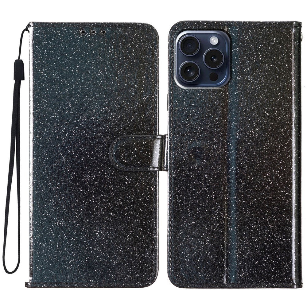 EIDERWOOD iPhone 16 Pro Leather Flip Case with Wallet and Strap - Glitter - Black