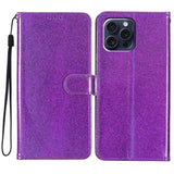 EIDERWOOD iPhone 16 Pro Leather Flip Case with Wallet and Strap - Glitter - Purple