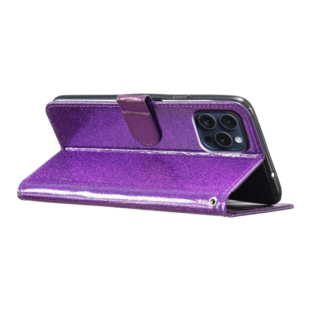 EIDERWOOD iPhone 16 Pro Leather Flip Case with Wallet and Strap - Glitter - Purple