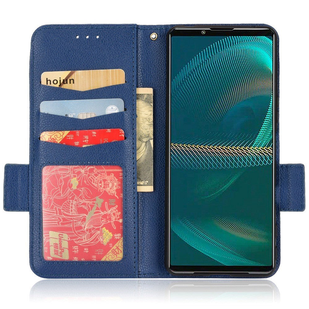 Sony Xperia 5 IV Litchi Leather Wallet Case - Dark Blue