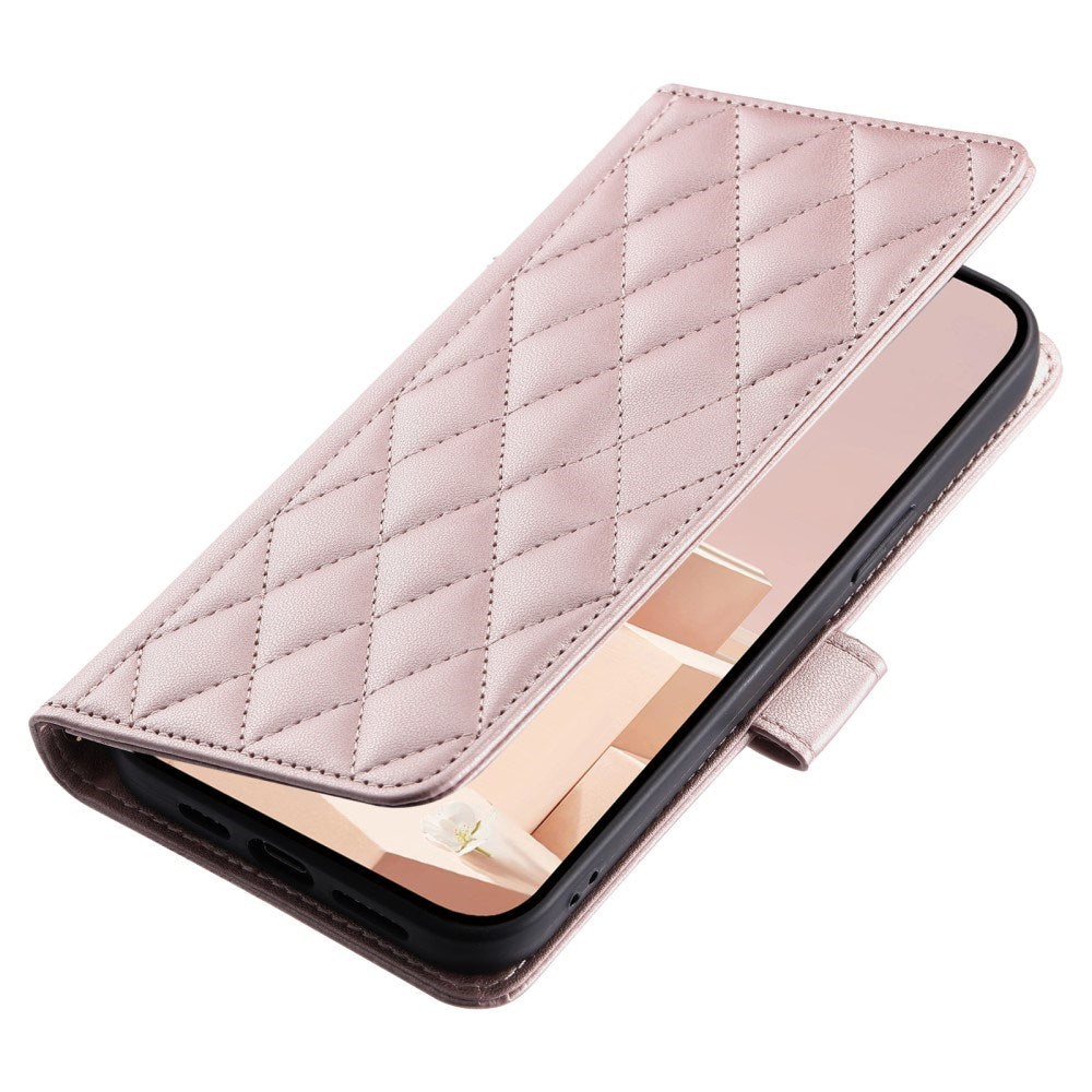 EIDERWOOD iPhone 16 Pro Max Leather Flip Case w. Wallet & Strap - Rhombus - Rose Gold