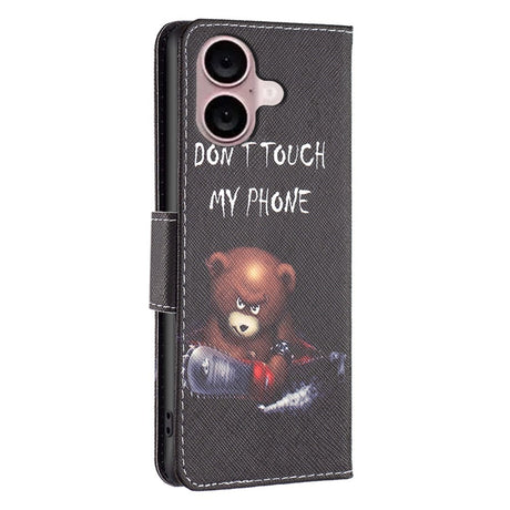 EIDERWOOD iPhone 16 Leather Case w, Wallet & Print - "Don't Touch My Phone" - Bear