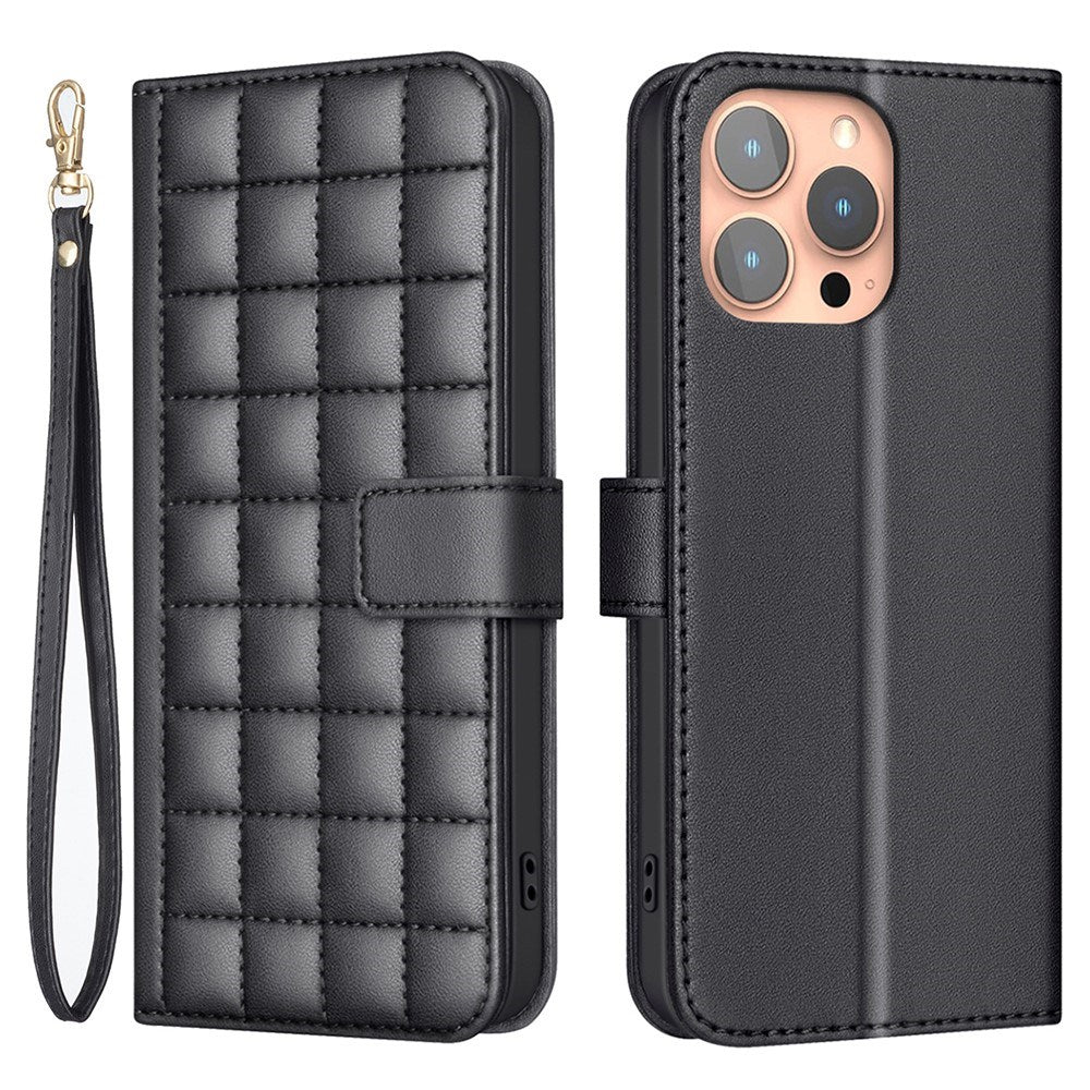 iPhone 16 Pro Checkered Leatherette Flip Wallet Case with Strap - Black