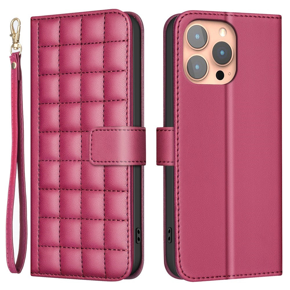 iPhone 16 Pro Checkered Leatherette Flip Wallet Case with Strap - Red