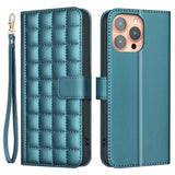 iPhone 16 Pro Checkered Leatherette Flip Wallet Case with Strap - Turquoise Blue