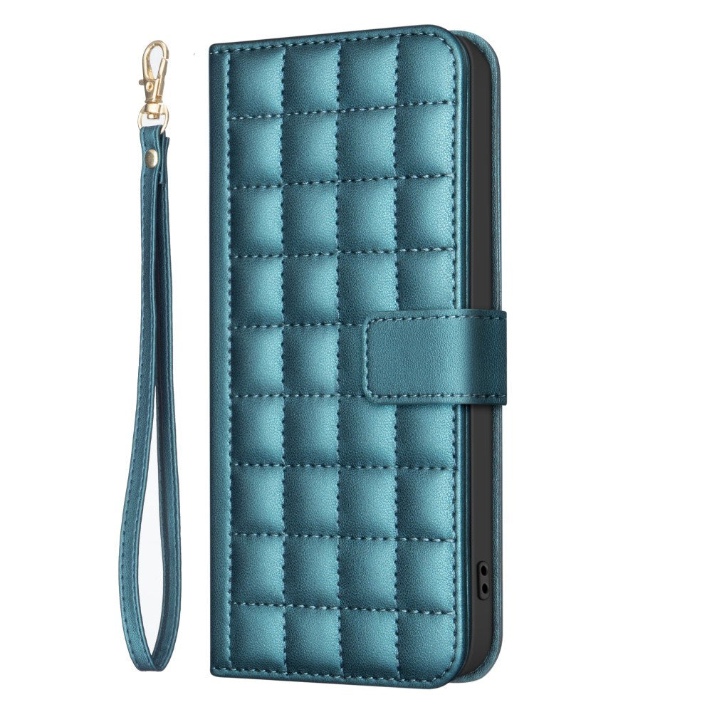 iPhone 16 Pro Checkered Leatherette Flip Wallet Case with Strap - Turquoise Blue