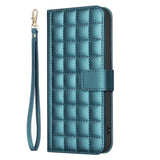 iPhone 16 Pro Checkered Leatherette Flip Wallet Case with Strap - Turquoise Blue