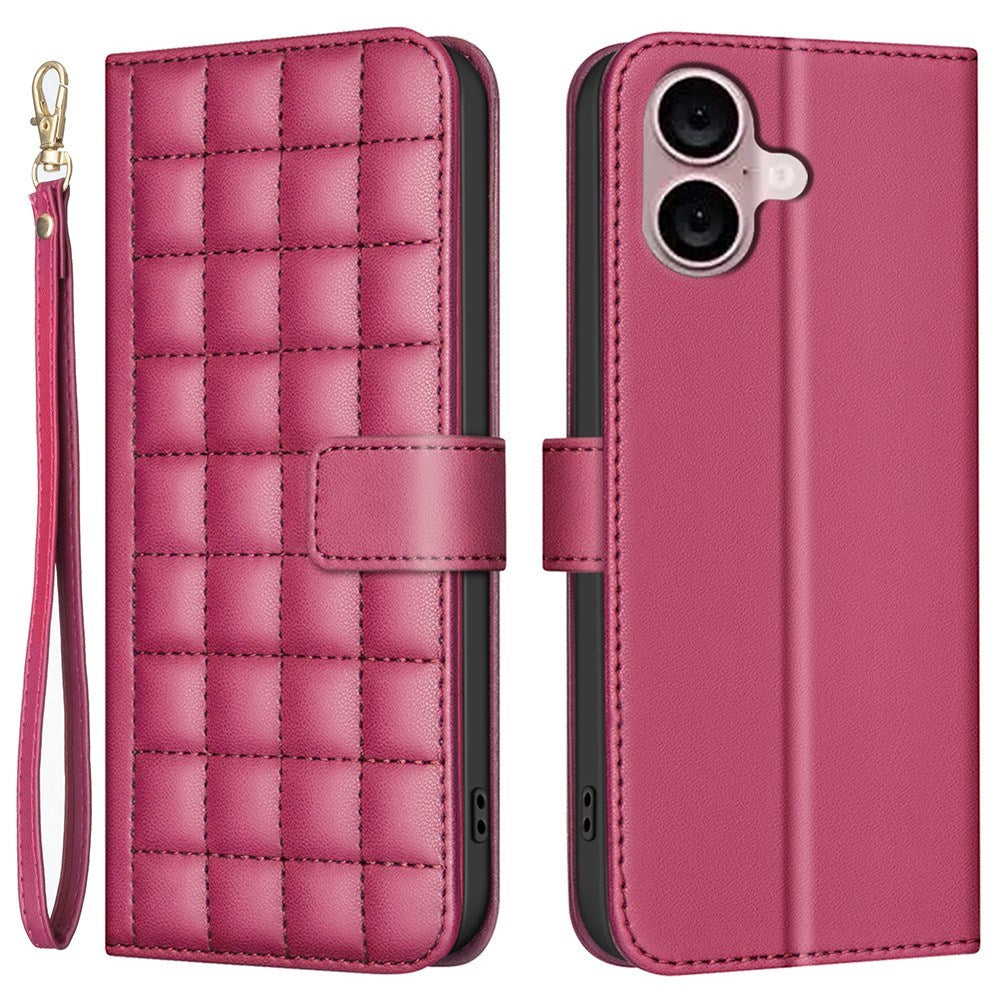 iPhone 16 Checkered Leatherette Flip Wallet Case with Strap - Red