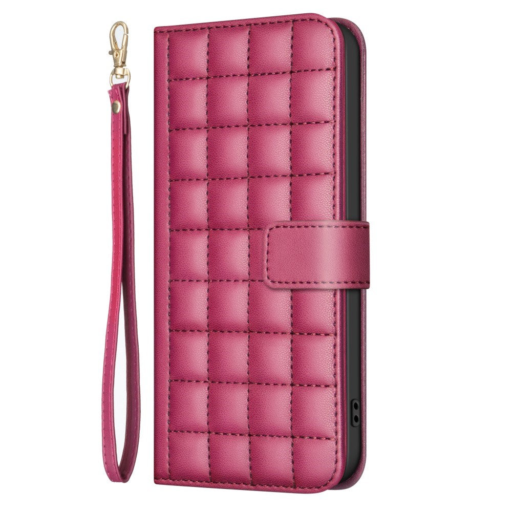 iPhone 16 Checkered Leatherette Flip Wallet Case with Strap - Red