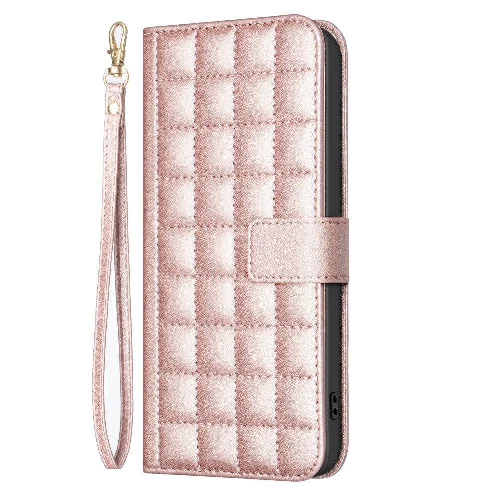 iPhone 16 Checkered Leatherette Flip Wallet Case with Strap - Rose Gold