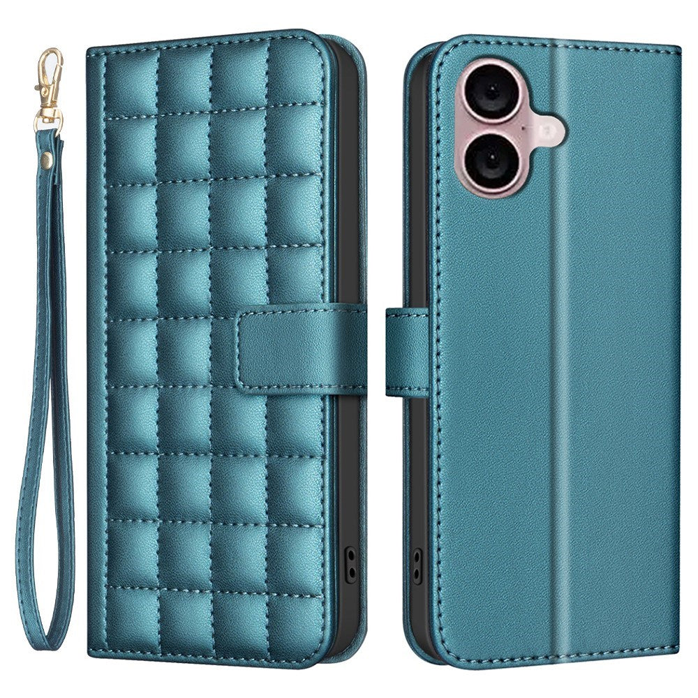 iPhone 16 Checkered Leatherette Flip Wallet Case with Strap - Turquoise Blue