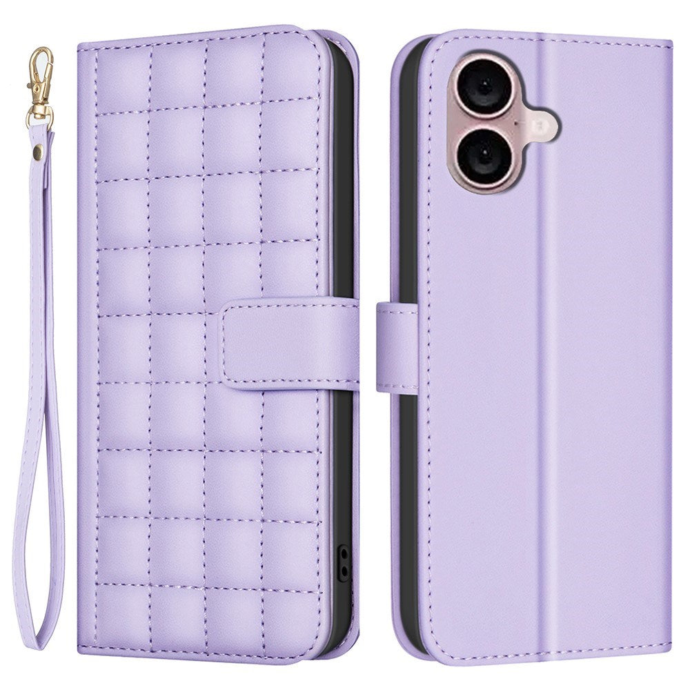 iPhone 16 Checkered Leatherette Flip Wallet Case with Strap - Purple