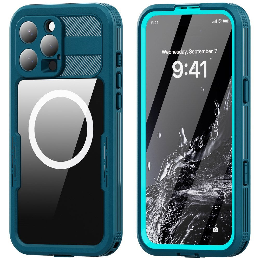 iPhone 16 Pro Max Waterproof Tough Case w. Screen Protector and Strap - MagSafe Compatible - Transparent / Blue