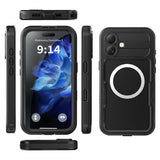 iPhone 16 Plus Waterproof Tough Case w. Screen Protector and Strap - MagSafe Compatible - Transparent / Black