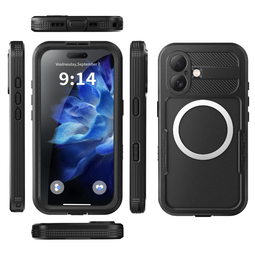 iPhone 16 Waterproof Tough Case w. Screen Protector and Strap - MagSafe Compatible - Transparent / Black