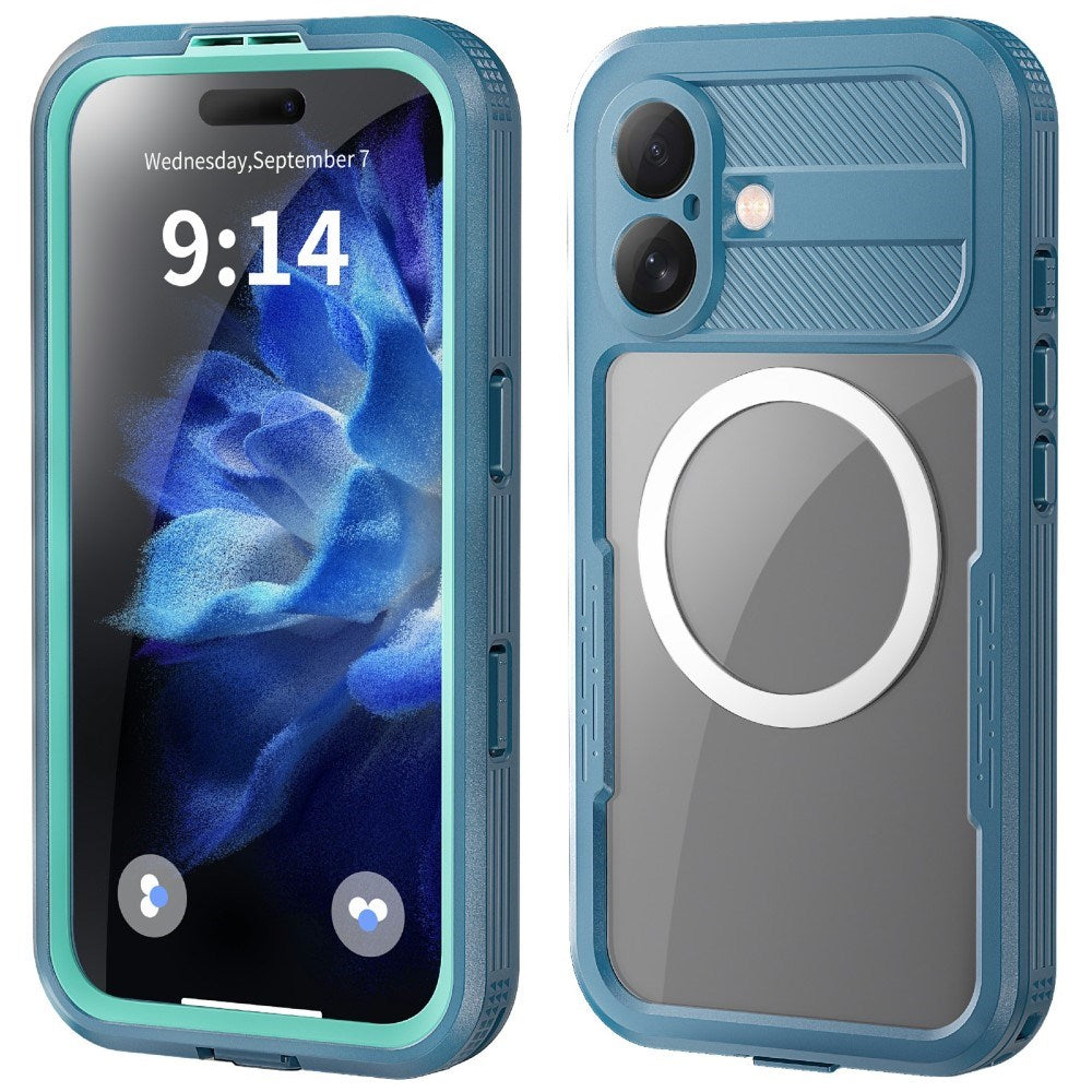 iPhone 16 Waterproof Tough Case w. Screen Protector and Strap - MagSafe Compatible - Transparent / Blue