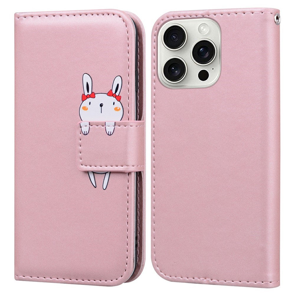 iPhone 16 Pro Faux Leather Flip Case with Character Design - Pink