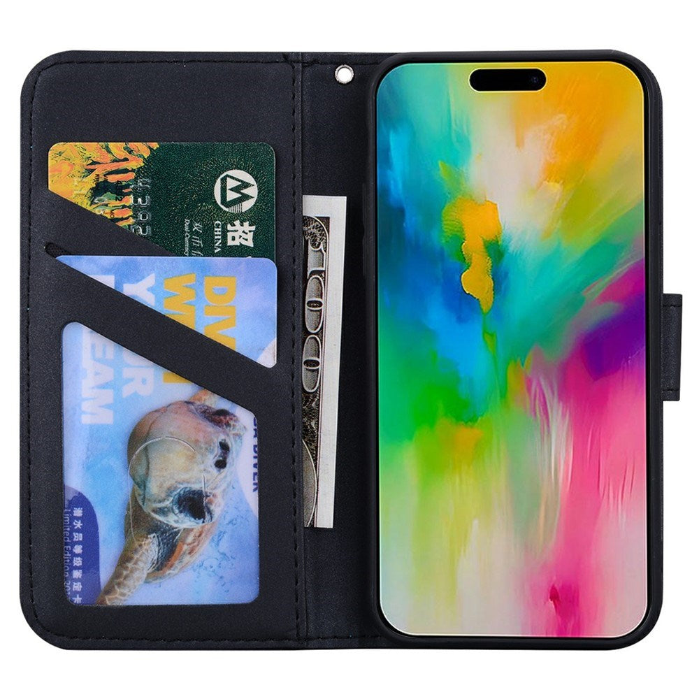 iPhone 16 Pro Faux Leather Flip Case with Character Design - Black