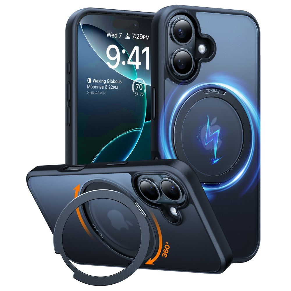 TORRAS iPhone 16 Flexible Plastic Case with Ring Kickstand - MagSafe Compatible - Black