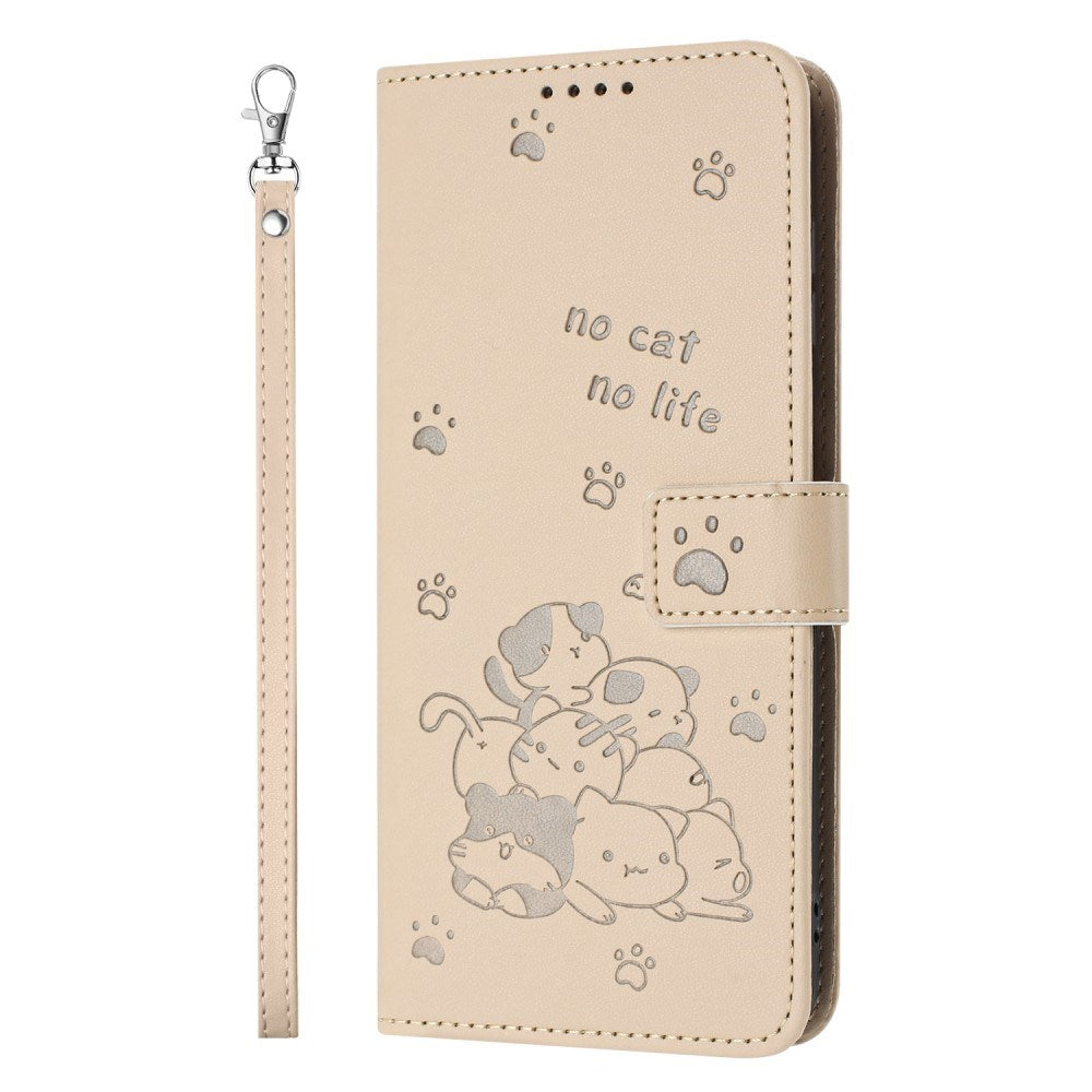 EIDERWOOD iPhone 16e Faux Leather Flip Case with Cat Pattern - Beige