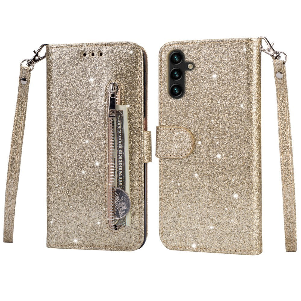 EIDERWOOD Samsung Galaxy S25 Glitter Flip Case with Zipper Pocket & Stand Function - Gold