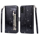 EIDERWOOD Samsung Galaxy S25 Glitter Flip Case with Zipper Pocket & Stand Function - Black