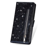 EIDERWOOD Samsung Galaxy S25 Glitter Flip Case with Zipper Pocket & Stand Function - Black