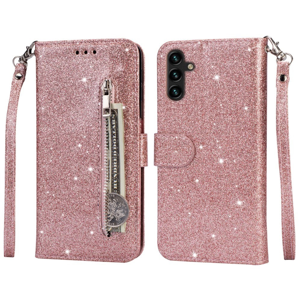 EIDERWOOD Samsung Galaxy S25 Glitter Flip Case with Zipper Pocket & Stand Function - Pink