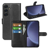 EIDERWOOD Samsung Galaxy S25+ (Plus) Shockproof Leather Wallet Cover with Litchi Texture - Black