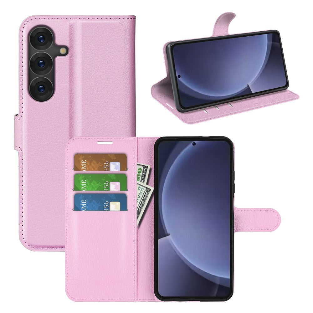 EIDERWOOD Samsung Galaxy S25+ (Plus) Shockproof Leather Wallet Cover with Litchi Texture - Pink