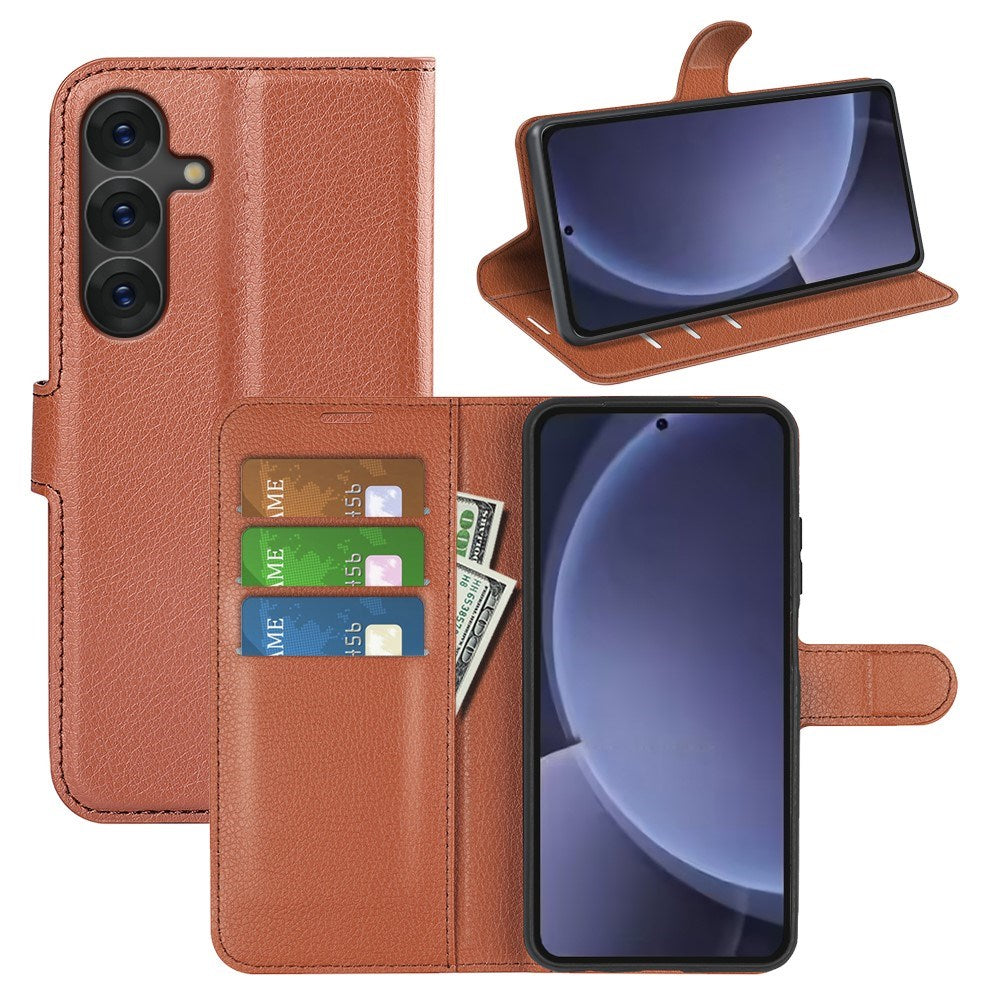 EIDERWOOD Samsung Galaxy S25+ (Plus) Shockproof Leather Wallet Cover with Litchi Texture - Brown