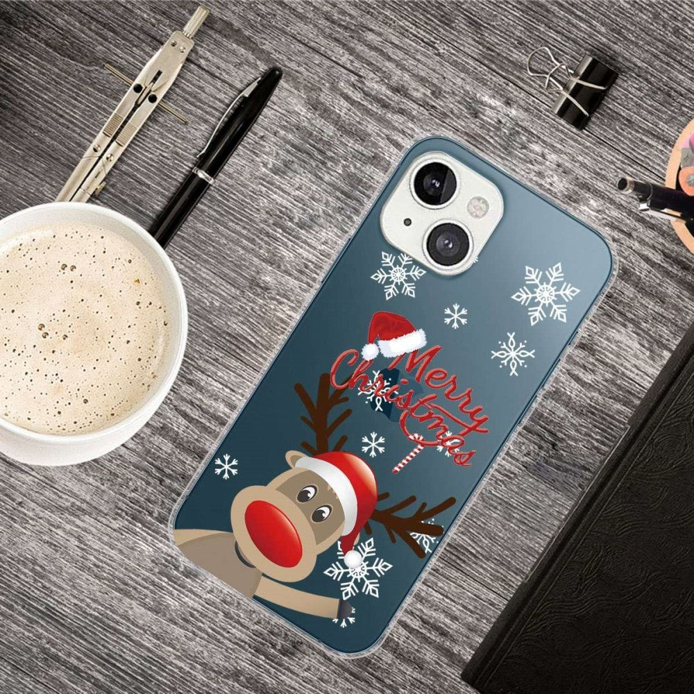 iPhone 14 Plus Flexible Plastic Christmas Case - Reindeer With Santa Hat