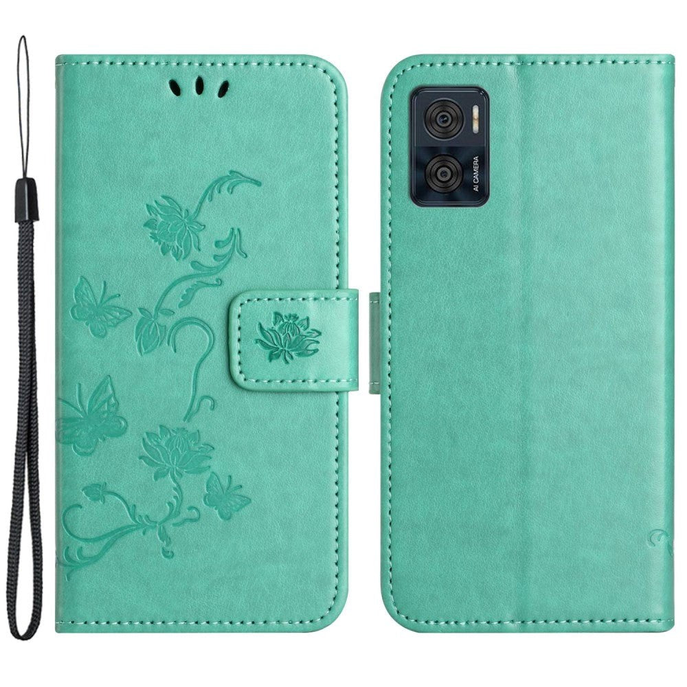 Motorola Moto E22 / E22i Flip Case w. Wallet - Flowers & Butterflies - Cyan