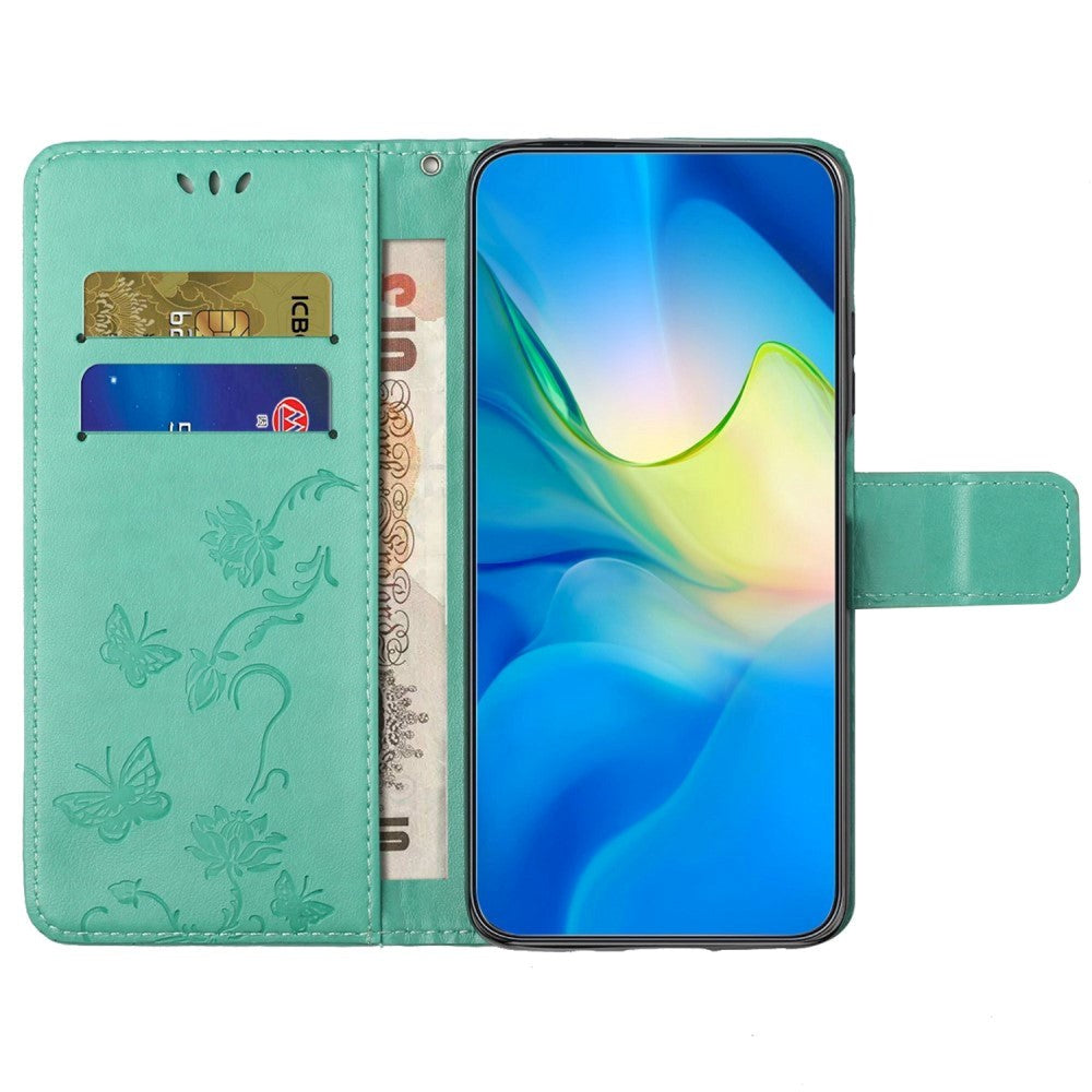 Motorola Moto E22 / E22i Flip Case w. Wallet - Flowers & Butterflies - Cyan