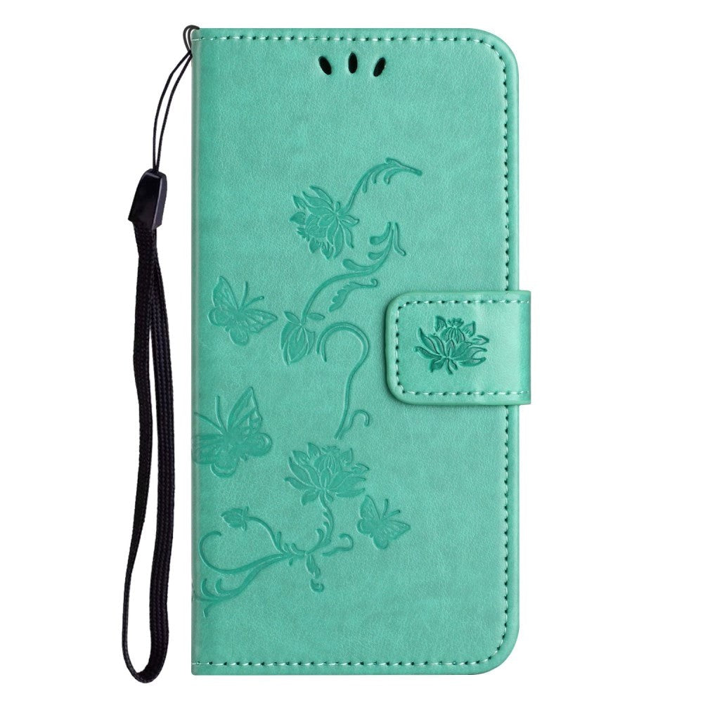 Motorola Moto E22 / E22i Flip Case w. Wallet - Flowers & Butterflies - Cyan