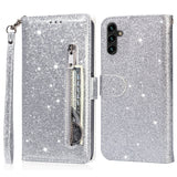 EIDERWOOD Samsung Galaxy A56 (5G) Glitter Flip Case with Zipper Pocket & Stand Function - Silver