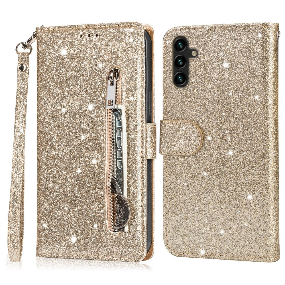 EIDERWOOD Samsung Galaxy A56 (5G) Glitter Flip Case with Zipper Pocket & Stand Function - Gold