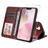 ENKAY iPhone 16e 2-in-1 Faux Leather Flip Case with Screen Protector Glass - Brown