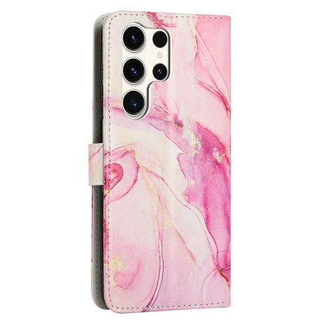 EIDERWOOD Samsung Galaxy S25 Ultra Marble Patterned Faux Leather Flip Case with Strap - Pink