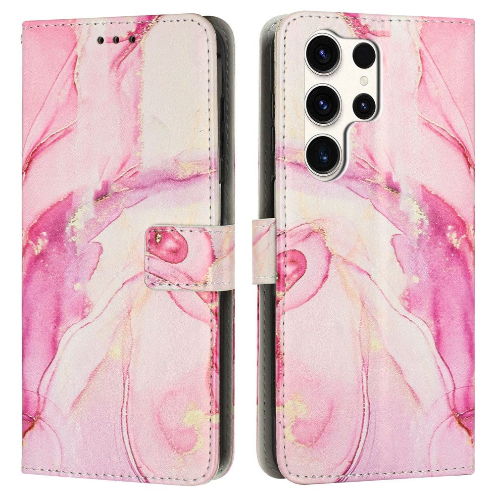 EIDERWOOD Samsung Galaxy S25 Ultra Marble Patterned Faux Leather Flip Case with Strap - Pink
