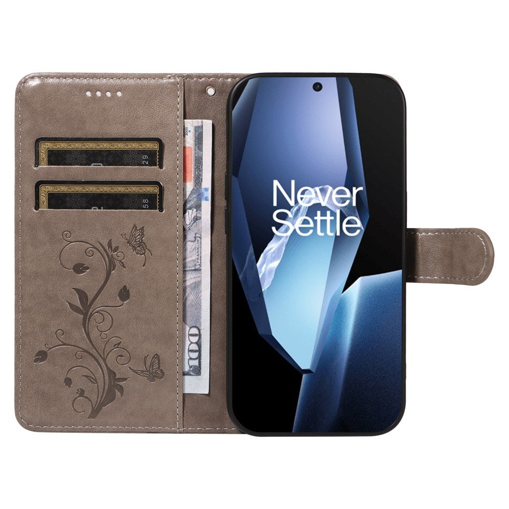 EIDERWOOD OnePlus 13R Flip Case with Engraved Motif - Card Holder & Stand Function - Grey