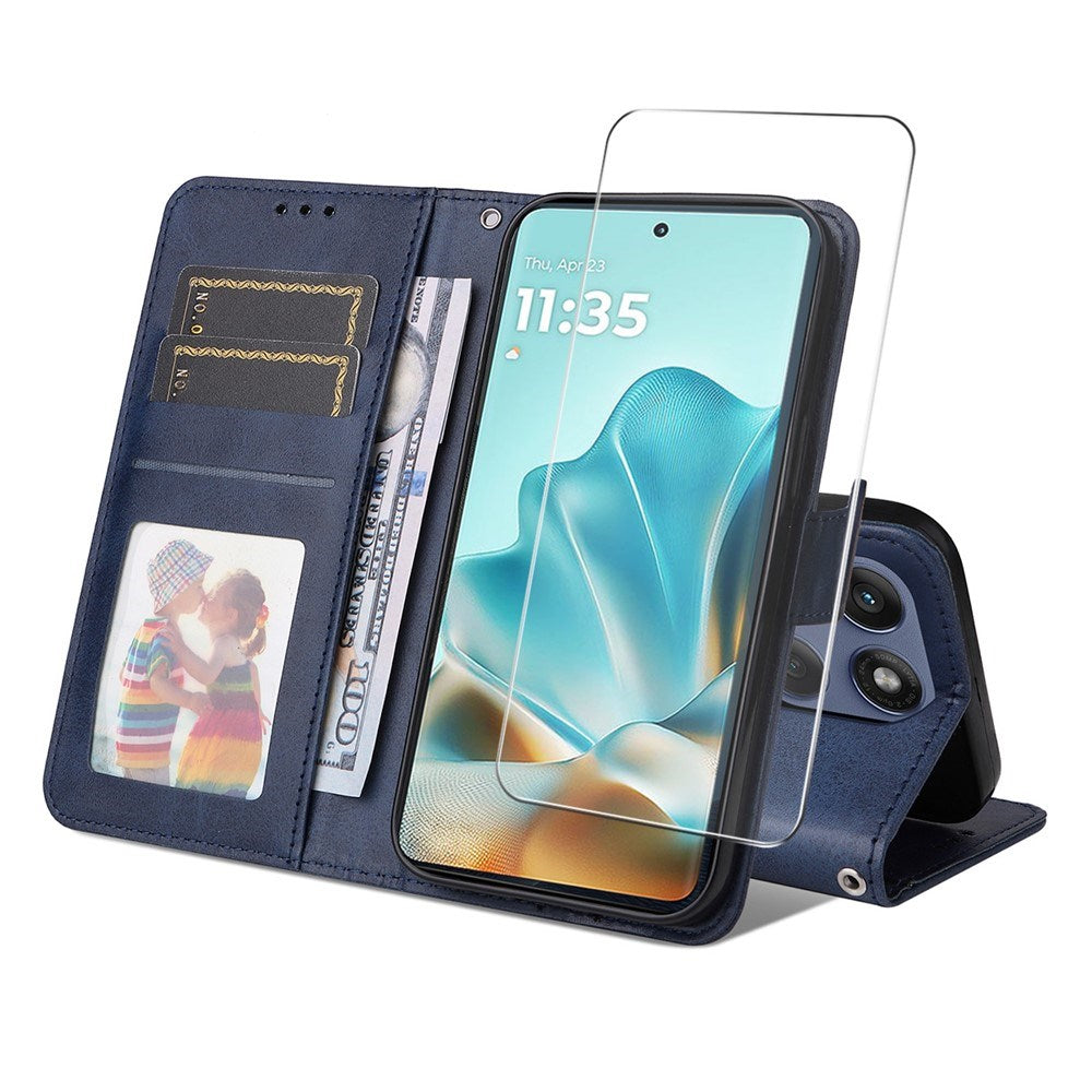 EIDERWOOD Motorola Edge 60 / Edge 60 Fusion 2-in-1 Faux Leather Flip Case with Screen Protector Glass - Blue