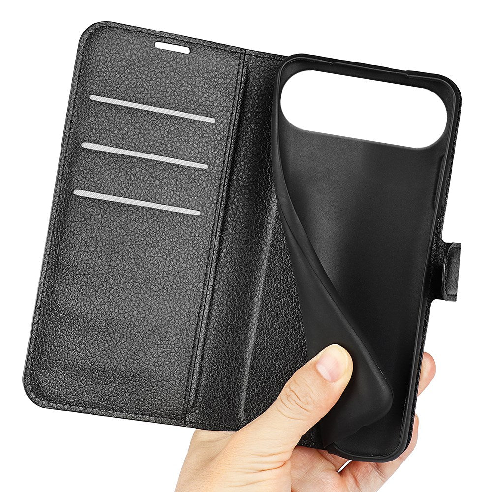 EIDERWOOD iPhone Air Litchi Flip Case with Built-in Card Holder & Stand Function - Black